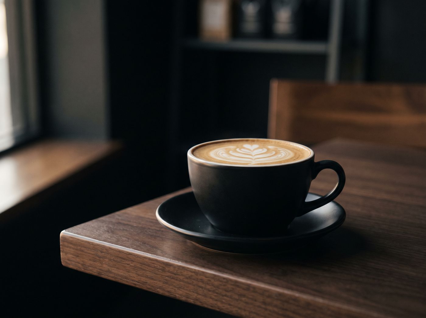 A finished flat white in a black cup on a walnut table in the quiet of the room