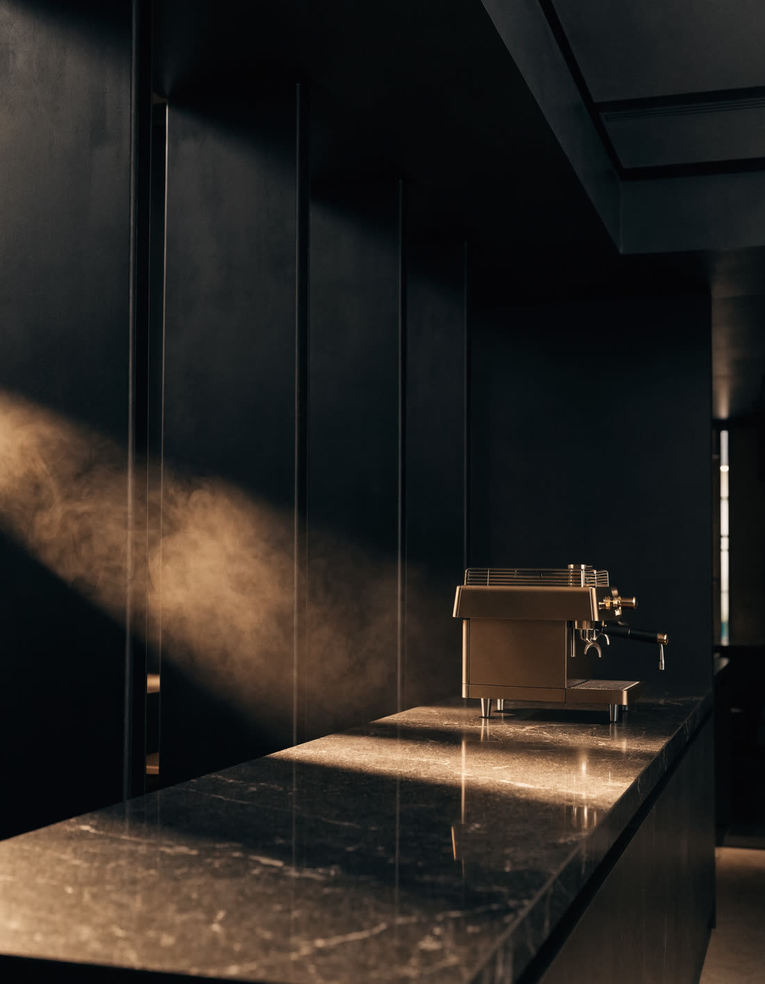 The Four Beans bar at dusk, gold espresso machine on dark stone under a shaft of warm light
